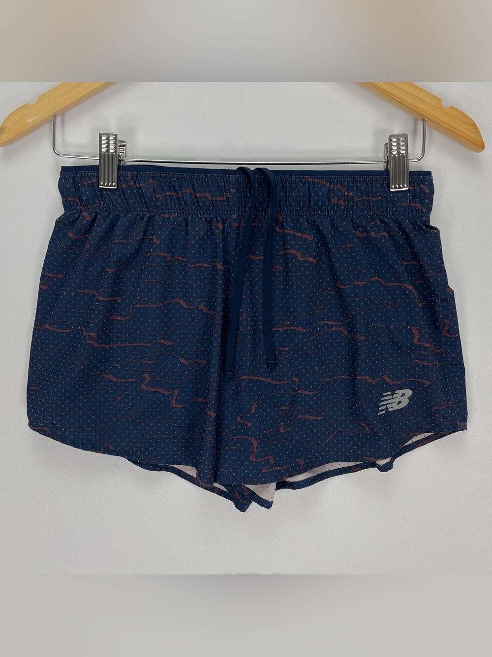 New Balance Womens RC Running Shorts Size Small Blue Camo Athletic Brief Lined